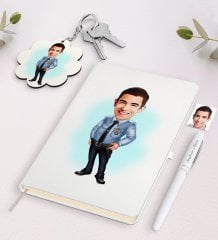 Kişiye Özel Erkek Polis Karikatürlü Beyaz Defter Kalem ve Anahtarlık Hediye Seti-1