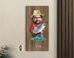 BK Gift Kişiye Özel Balıkçı Karikatürlü Kabartma Figürlü Ahşap Tablo-3, Arkadaşa Hediye, Sevgiliye Hediye, Duvar Dekoru