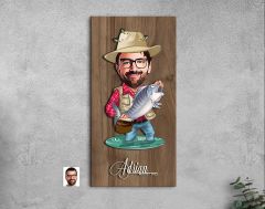 BK Gift Kişiye Özel Balıkçı Karikatürlü Kabartma Figürlü Ahşap Tablo-3, Arkadaşa Hediye, Sevgiliye Hediye, Duvar Dekoru