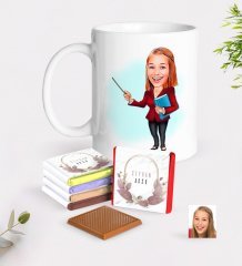 Kişiye Özel Bayan Öğretmen Karikatürlü Beyaz Kupa ve Çikolata Hediye Seti-3