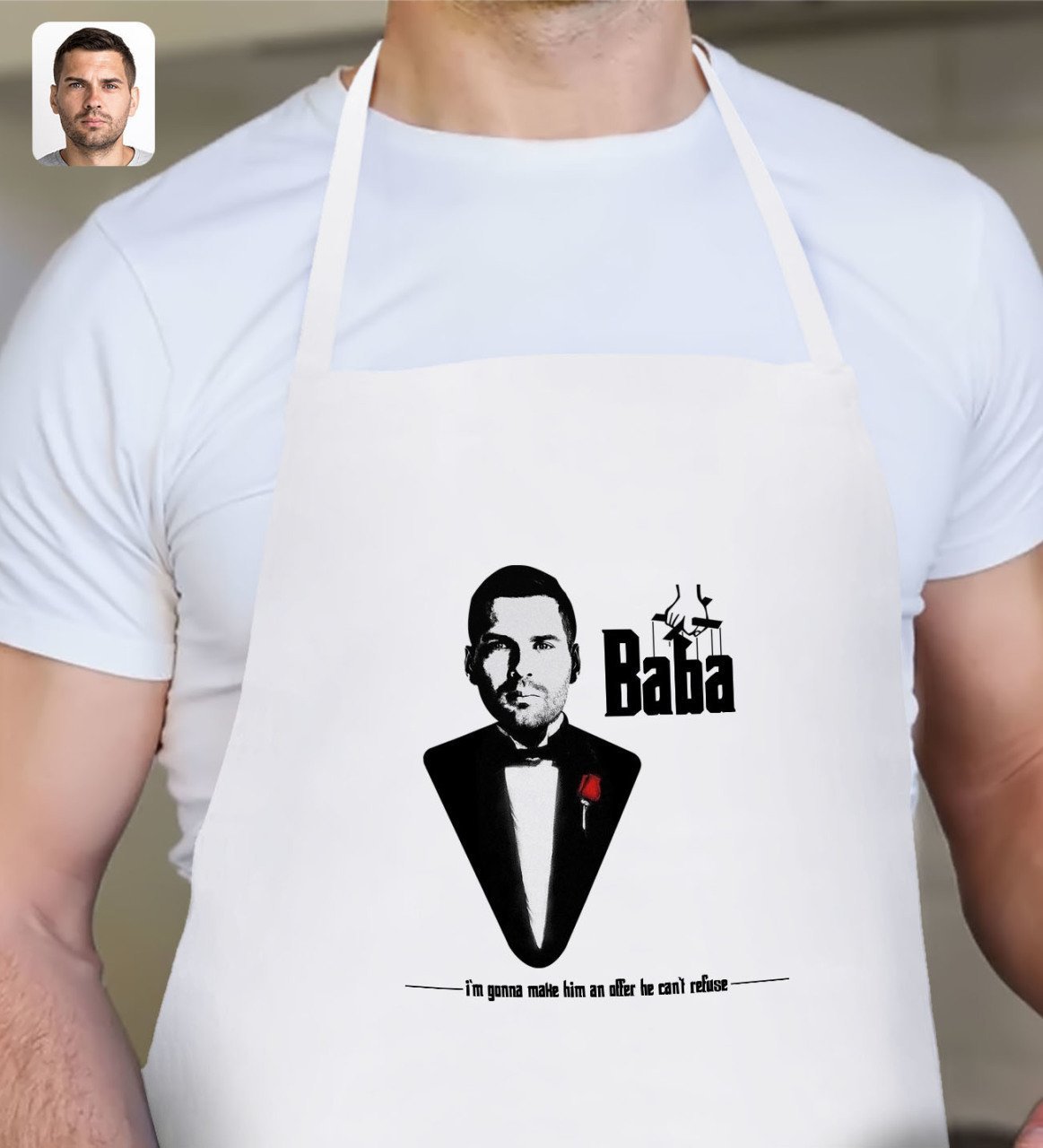 Kişiye Özel Godfather Baba Silüet Tasarımlı Beyaz Mutfak Önlüğü-6