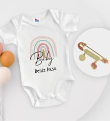 BK Kids Kişiye Özel Baby Tasarımlı Beyaz Bebek Body Zıbın ve Kız Bebek İğnesi Hediye Seti-1
