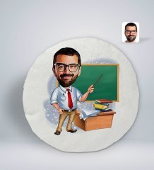 Kişiye Özel Erkek Öğretmen Karikatürlü Yuvarlak Araç Koltuk Yastığı-1