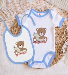 BK Kids Sevimli Ayıcık Tasarımlı Mavi Bebek Body Zıbın ve Mama Önlüğü Hediye Seti-1
