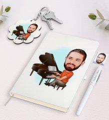 Kişiye Özel Erkek Piyanist Karikatürlü Beyaz Defter Kalem ve Anahtarlık Hediye Seti-1