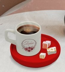 Kişiye Özel Kırmızı Sunum Tabaklı Çiçek Tasarımlı Türk Kahvesi Fincanı Model 1