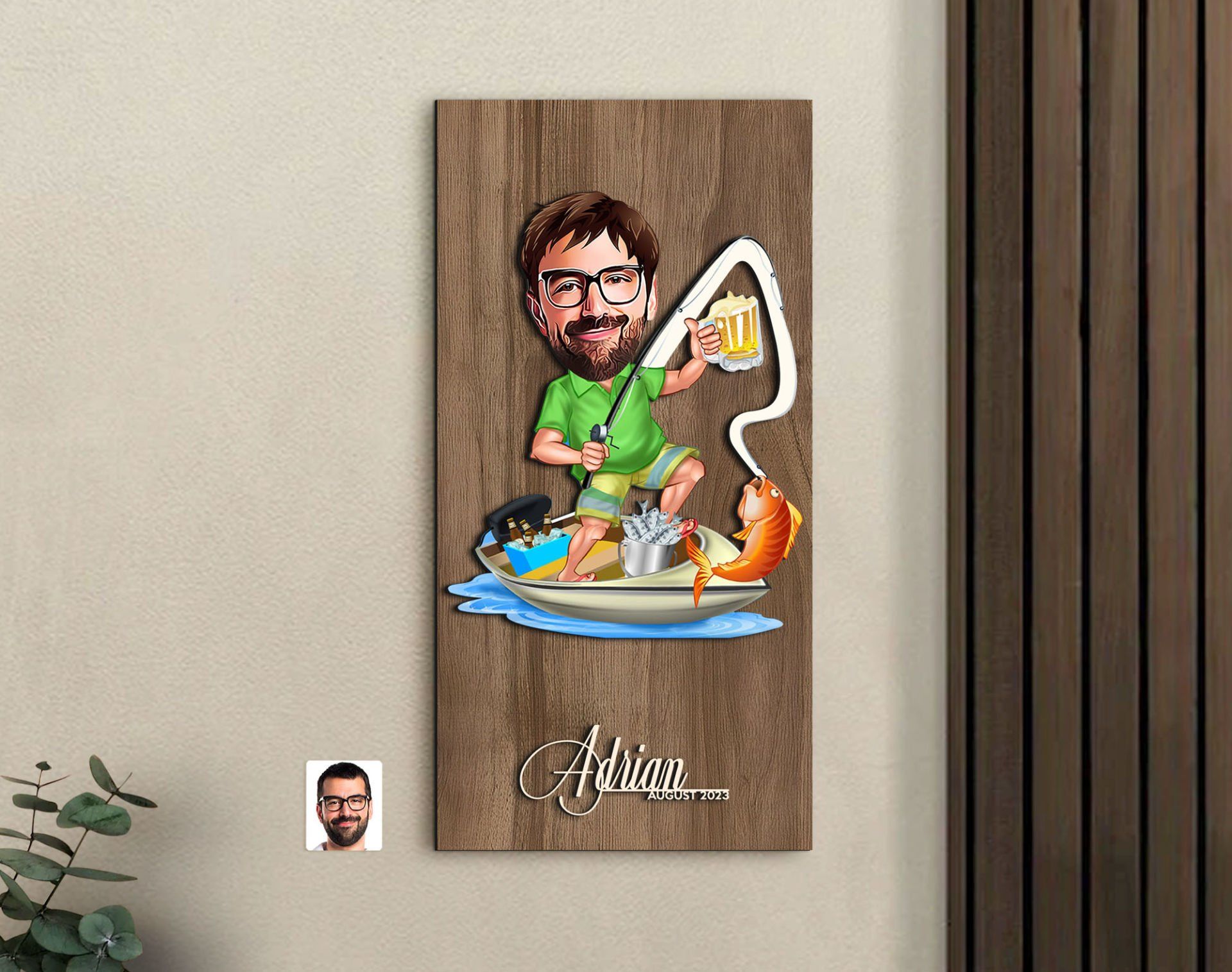 BK Gift Kişiye Özel Balıkçı Karikatürlü Kabartma Figürlü Ahşap Tablo-2, Arkadaşa Hediye, Sevgiliye Hediye, Duvar Dekoru