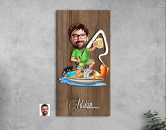 BK Gift Kişiye Özel Balıkçı Karikatürlü Kabartma Figürlü Ahşap Tablo-2, Arkadaşa Hediye, Sevgiliye Hediye, Duvar Dekoru