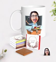 Kişiye Özel Bayan Öğretmen Karikatürlü Beyaz Kupa ve Çikolata Hediye Seti-2