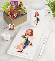 Kişiye Özel Bayan Karikatürlü Nostaljik Lezzetler Defter Kalem Kupa Hediye Seti-13