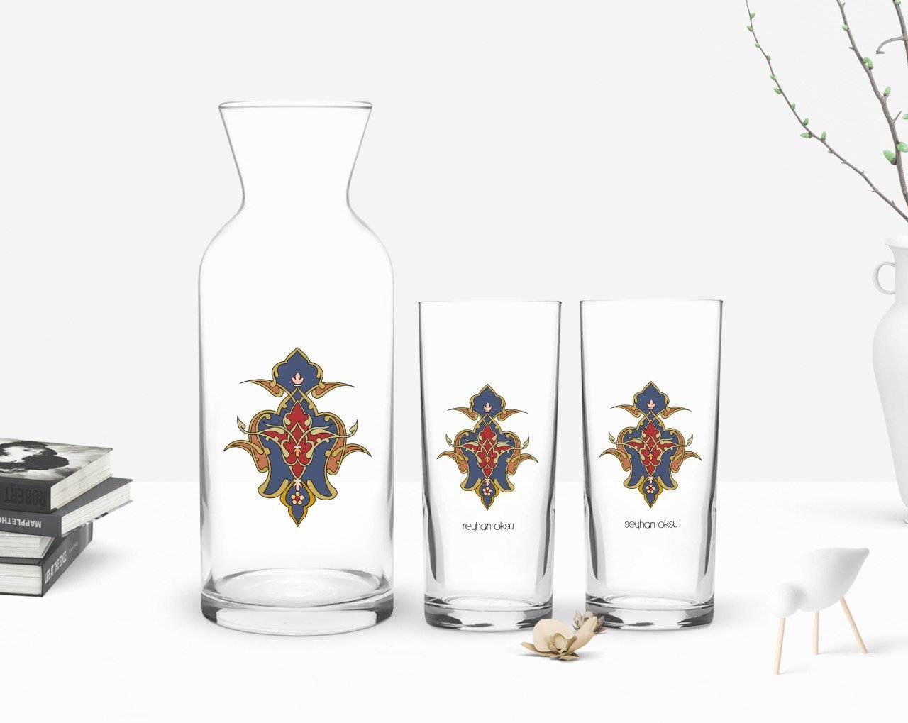 Kişiye Özel Renkli Baskılı İsimli İkili Rakı Bardağı ve Karaf Hediye Seti-108