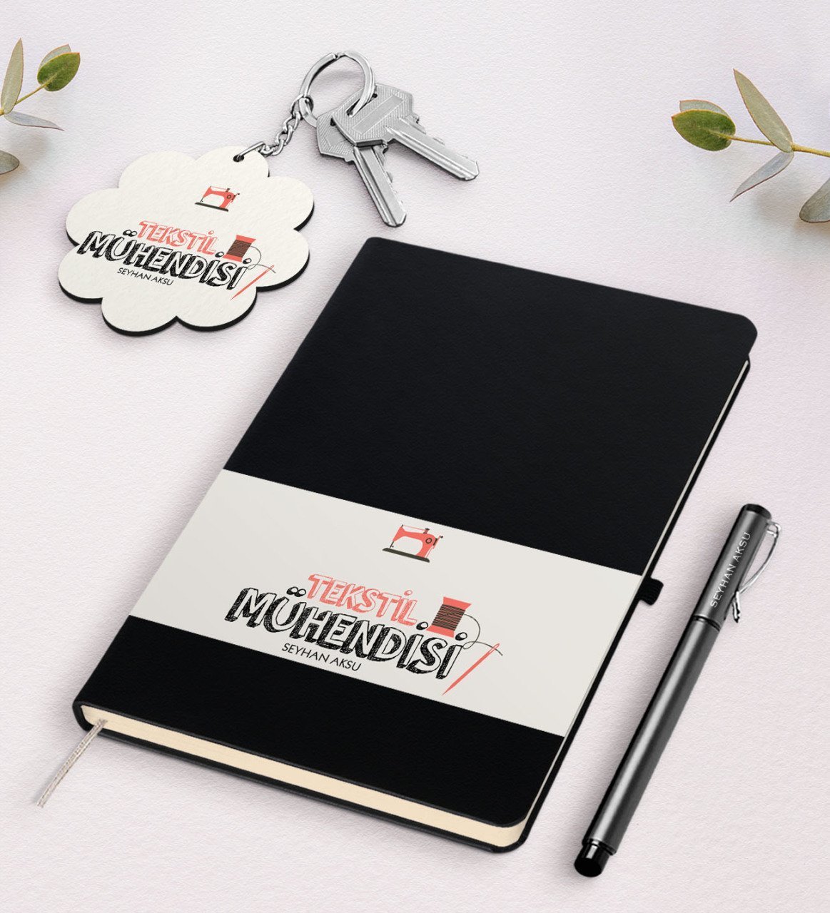 Kişiye Özel Tekstil Mühendisi Siyah Defter Kalem Ve Anahtarlık Hediye Seti-2