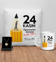 BK Gift Kişiye Özel Öğretmenler Günü Tasarımlı Beyaz Kupa Yastık ve İsimli Papatya Kolye Hediye Seti- 18, Öğretmene Hediye, Öğretmenler Günü