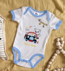 BK Kids Kişiye Özel Sevimli Sürücü Tasarımlı Mavi Bebek Body Zıbın ve Erkek Bebek İğnesi Hediye Seti-1