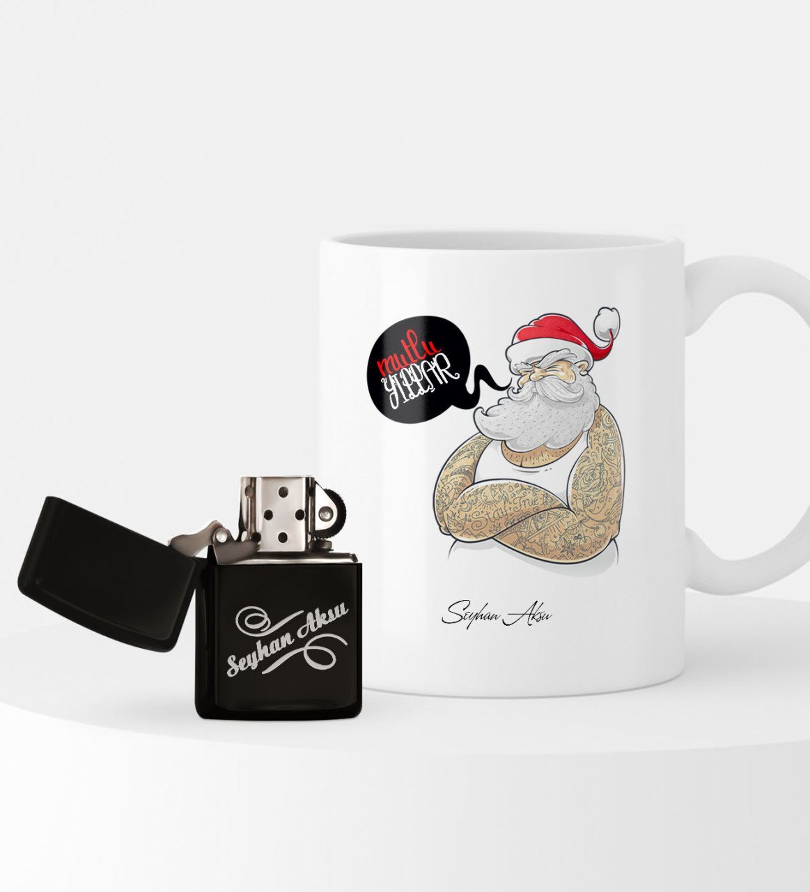 Kişiye Özel Yılbaşı Noel Baba Temalı Çakmak ve Kupa Seti - 4