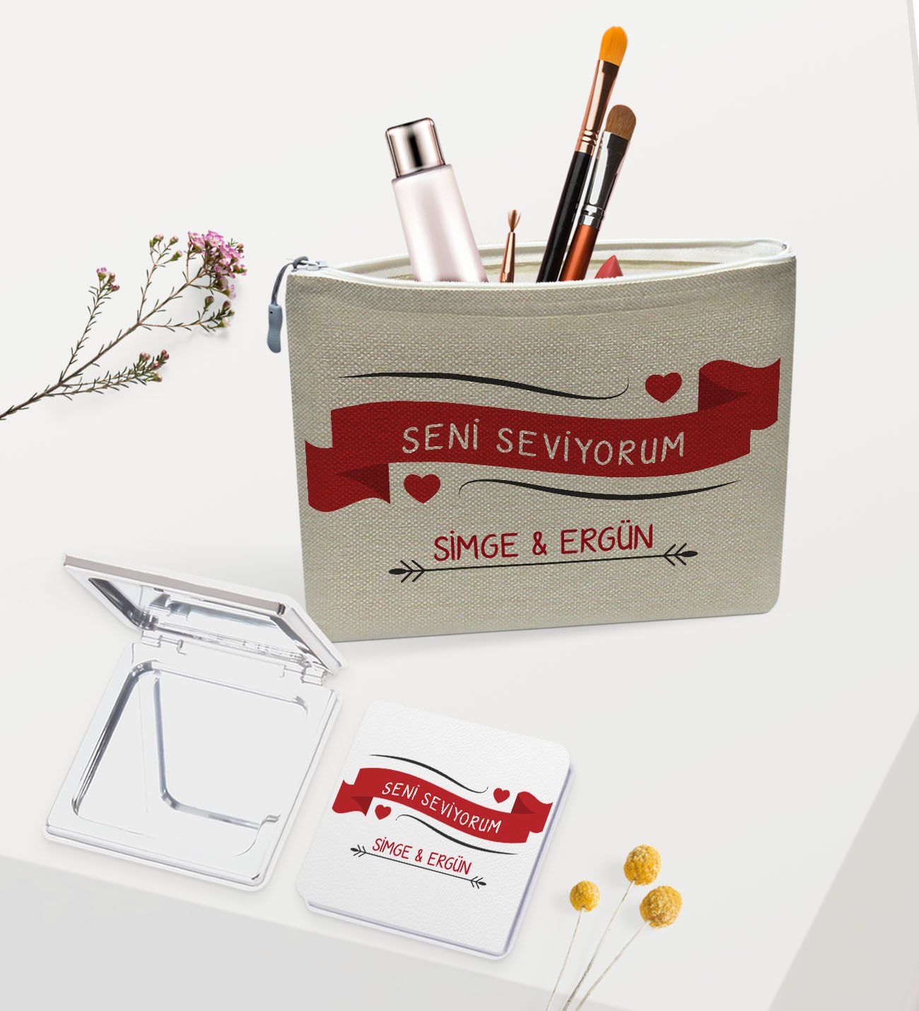 BK Gift Kişiye Özel Keten Makyaj Çantası ve Ayna Seti, Sevgiliye Hediye, Sevgililer Günü Hediyesi, Doğum Günü Hediyesi-10