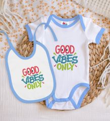 BK Kids Good Vibes Only Tasarımlı Mavi Bebek Body Zıbın ve Mama Önlüğü Hediye Seti-1