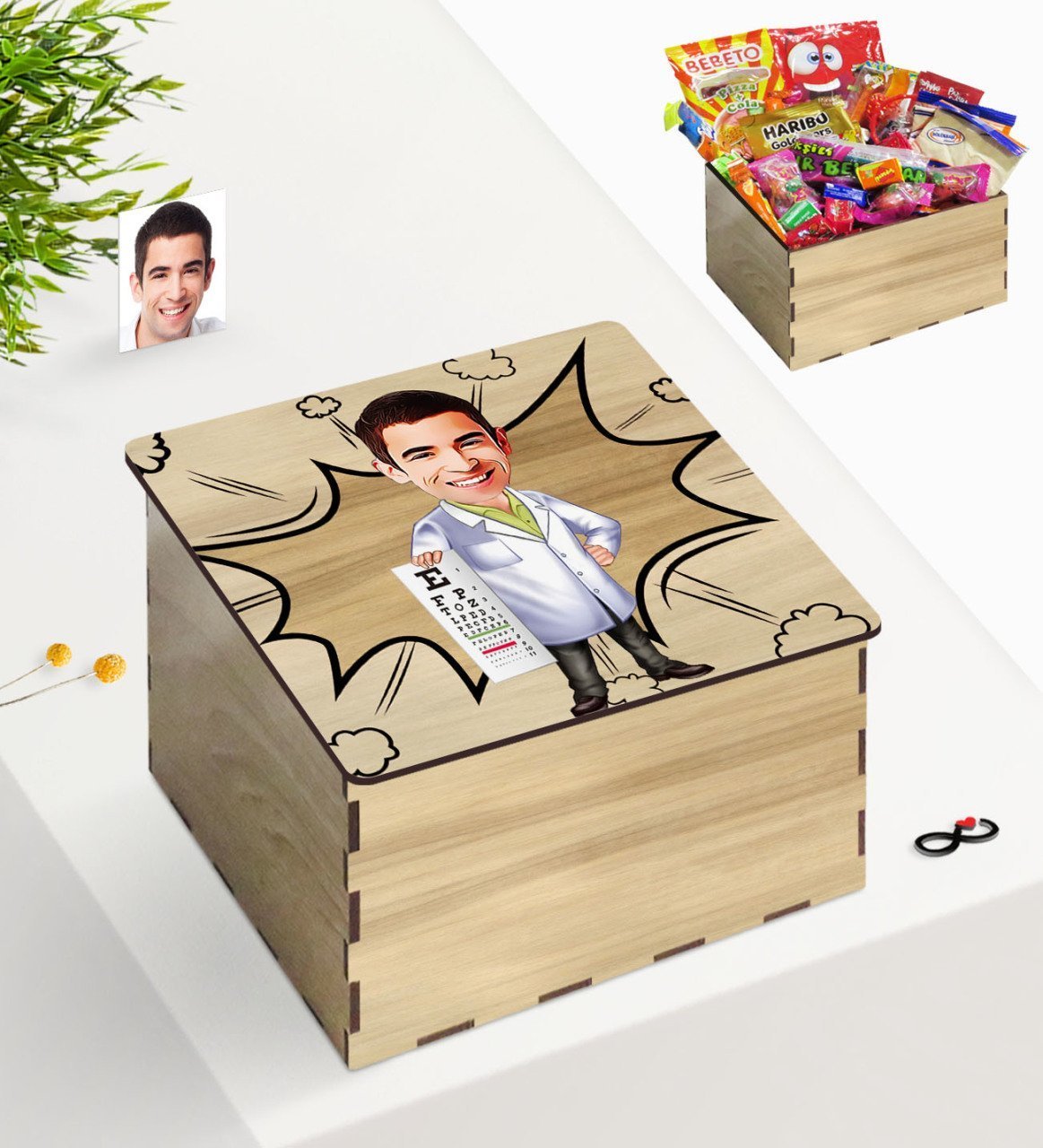 Kişiye Özel Ahşap Kutuda Bay Göz Doktoru Karikatürlü Nostaljik Lezzetler Hediye Seti
