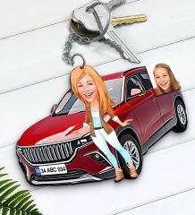 BK Gift Kişiye Özel Kadın Togg Figürlü Plakalı Ahşap Karikatür Anahtarlık-1, Arkadaşa Hediye, Araba Hediyesi, Sevgiliye Hediye