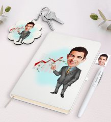 Kişiye Özel Erkek Patron Karikatürlü Beyaz Defter Kalem ve Anahtarlık Hediye Seti-4