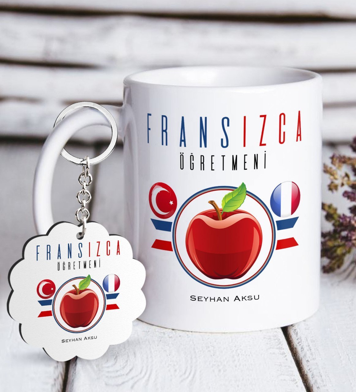Kişiye Özel Fransızca Öğretmeni Beyaz Kupa ve Anahtarlık Hediye Seti-3
