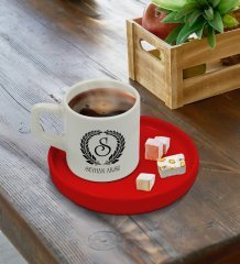 Kişiye Özel Kırmızı Sunum Tabaklı Çelenk Baş Harfli İsimli Türk Kahvesi Fincanı Model 6