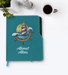 Kişiye Özel Dümen Tasarımlı Turkuaz Termo Deri Defter-4