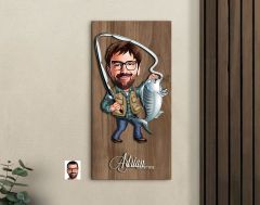 BK Gift Kişiye Özel Balıkçı Karikatürlü Kabartma Figürlü Ahşap Tablo-1, Arkadaşa Hediye, Sevgiliye Hediye, Duvar Dekoru