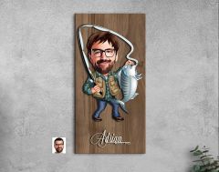 BK Gift Kişiye Özel Balıkçı Karikatürlü Kabartma Figürlü Ahşap Tablo-1, Arkadaşa Hediye, Sevgiliye Hediye, Duvar Dekoru