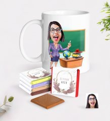 Kişiye Özel Bayan Öğretmen Karikatürlü Beyaz Kupa ve Çikolata Hediye Seti-1