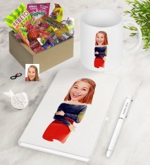 Kişiye Özel Bayan Karikatürlü Nostaljik Lezzetler Defter Kalem Kupa Hediye Seti-12