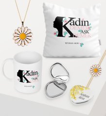 Kadınlar Gününe Özel Kupa Çiçekli Ayna Yastık Papatya Kolye Bileklik Seti - 2
