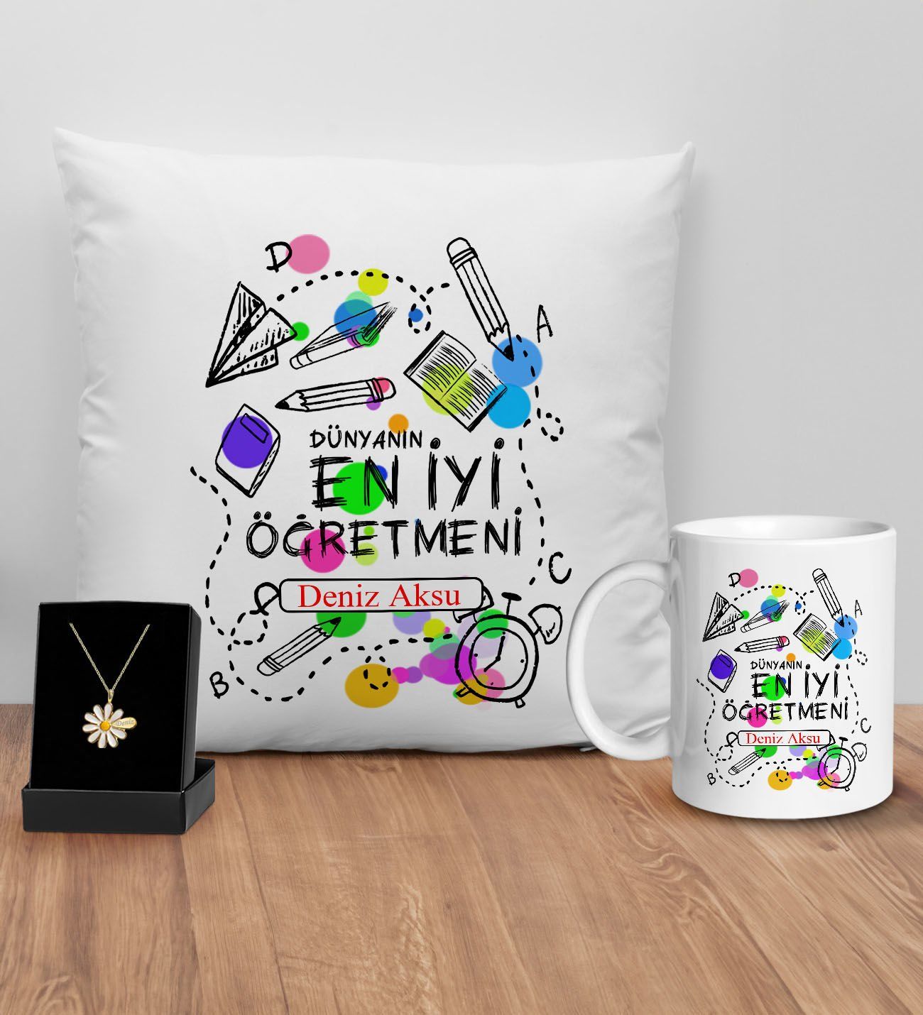 BK Gift Kişiye Özel Öğretmenler Günü Tasarımlı Beyaz Kupa Yastık ve İsimli Papatya Kolye Hediye Seti- 17, Öğretmene Hediye, Öğretmenler Günü