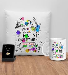 BK Gift Kişiye Özel Öğretmenler Günü Tasarımlı Beyaz Kupa Yastık ve İsimli Papatya Kolye Hediye Seti- 17, Öğretmene Hediye, Öğretmenler Günü