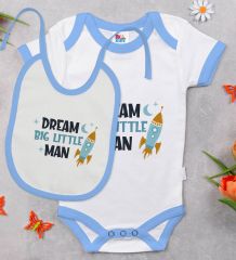 BK Kids Dream Big Little Man Tasarımlı Mavi Bebek Body Zıbın ve Mama Önlüğü Hediye Seti-1