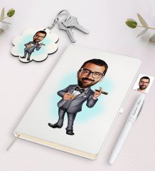Kişiye Özel Erkek Patron Karikatürlü Beyaz Defter Kalem ve Anahtarlık Hediye Seti-3