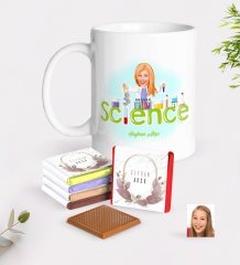 Kişiye Özel Bayan Fen Bilimleri Öğretmeni Karikatürlü Beyaz Kupa ve Çikolata Hediye Seti