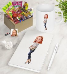 Kişiye Özel Bayan Karikatürlü Nostaljik Lezzetler Defter Kalem Kupa Hediye Seti-11