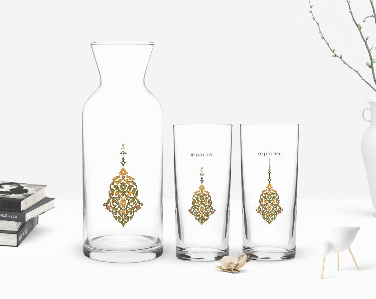 Kişiye Özel Renkli Baskılı İsimli İkili Rakı Bardağı ve Karaf Hediye Seti-106