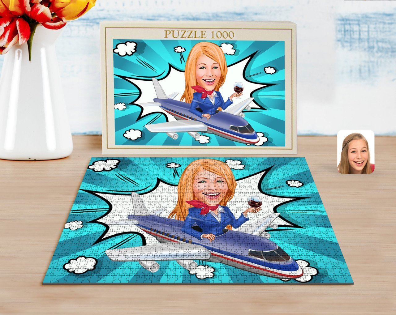 Kişiye Özel Hostes Karikatürlü 1000 Parça Profesyonel Puzzle-1