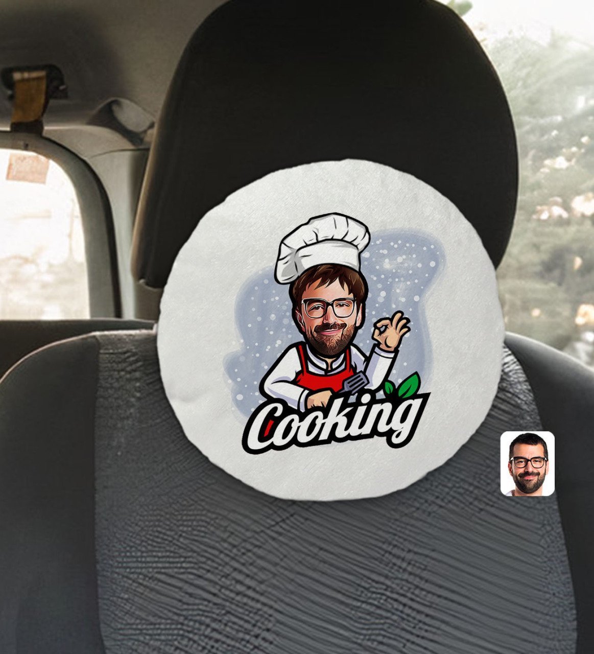 Kişiye Özel Erkek Chef Karikatürlü Yuvarlak Araç Koltuk Yastığı-14
