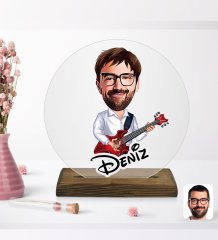 Kişiye Özel Erkek Gitarist Karikatürlü Yuvarlak Ahşap Standlı Biblo-2