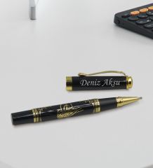 BK Gift Kişiye Özel İsimli Yaldızlı Tuğra Kabartma Figürlü Metal Roller Kalem