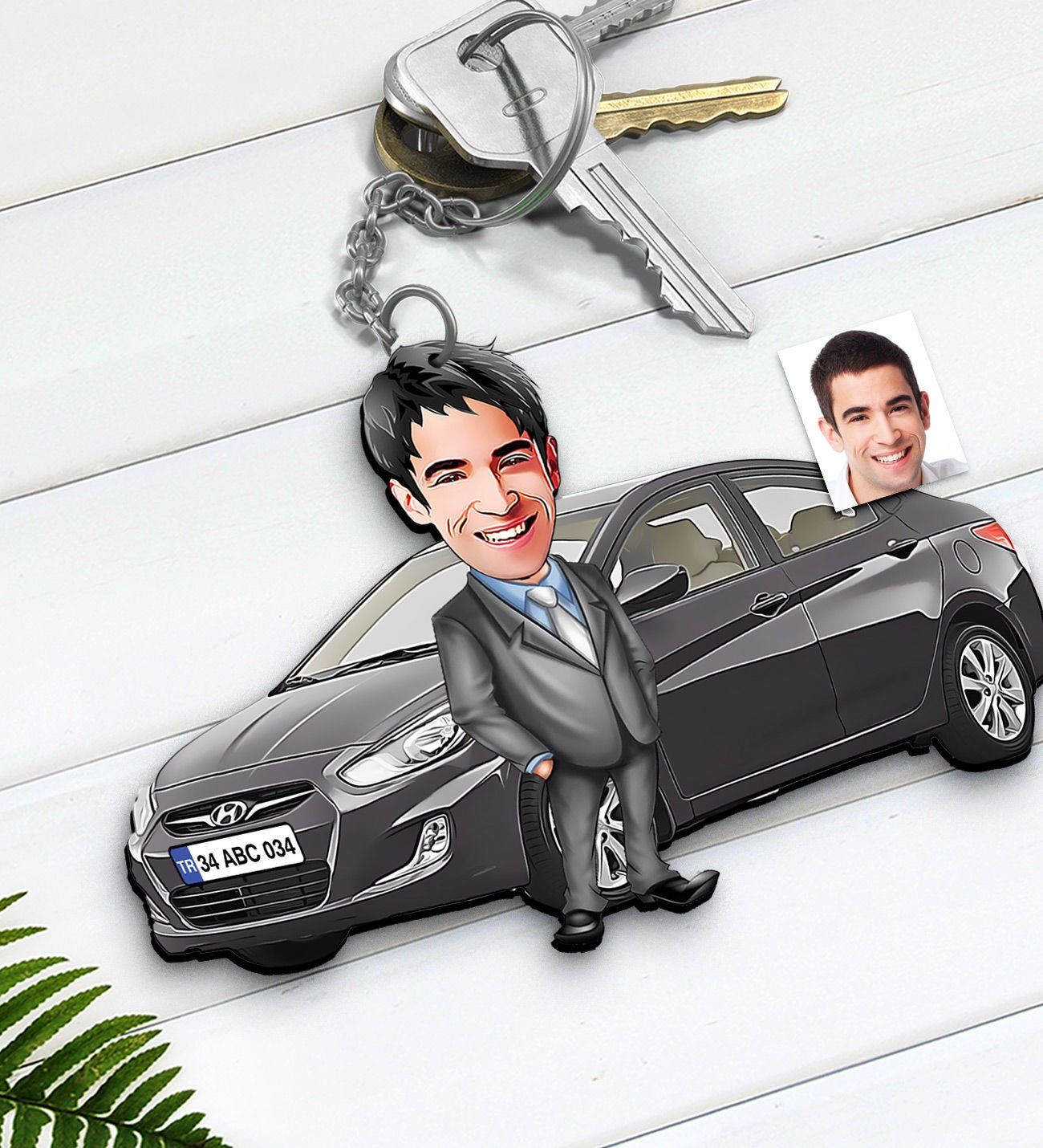 BK Gift Kişiye Özel Erkek Hyundai Accent Figürlü Plakalı Ahşap Karikatür Anahtarlık-1, Arkadaşa Hediye, Araba Hediyesi, Sevgiliye Hediye