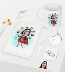 Kişiye Özel Süper Anne Karikatürlü Beyaz Defter Kalem Kupa Ayna Seti