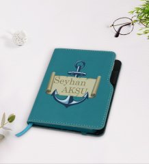 Kişiye Özel Çapa Tasarımlı Turkuaz Termo Deri Defter-3