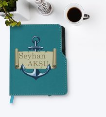 Kişiye Özel Çapa Tasarımlı Turkuaz Termo Deri Defter-3