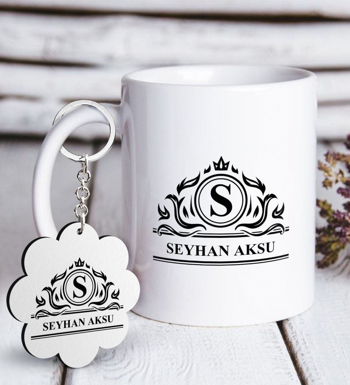 Kişiye Özel İsimli Beyaz Kupa ve Anahtarlık Hediye Seti-12