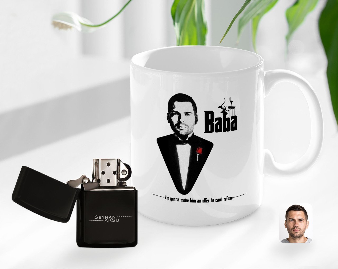Kişiye Özel Babalar Günü Hediyesi Godfather Baba Tasarımlı Kupa Bardak ve Benzinli Çakmak Seti-6