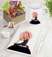 Kişiye Özel Bayan Yogacı Karikatürlü Nostaljik Lezzetler Defter Kalem Kupa Hediye Seti-2